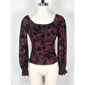 Ember Top Women's Medium Velvet‎ Floral Print Black Wine Dark Romantic Victorian